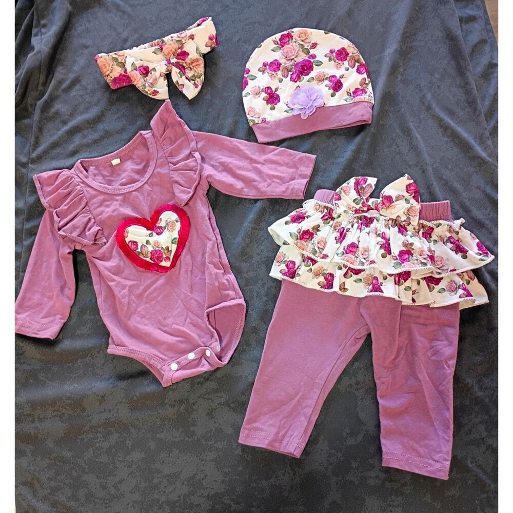 4pc Baby Girls Pink Floral Long Sleeve Bodysuit Pants Hat Headband 6-9M